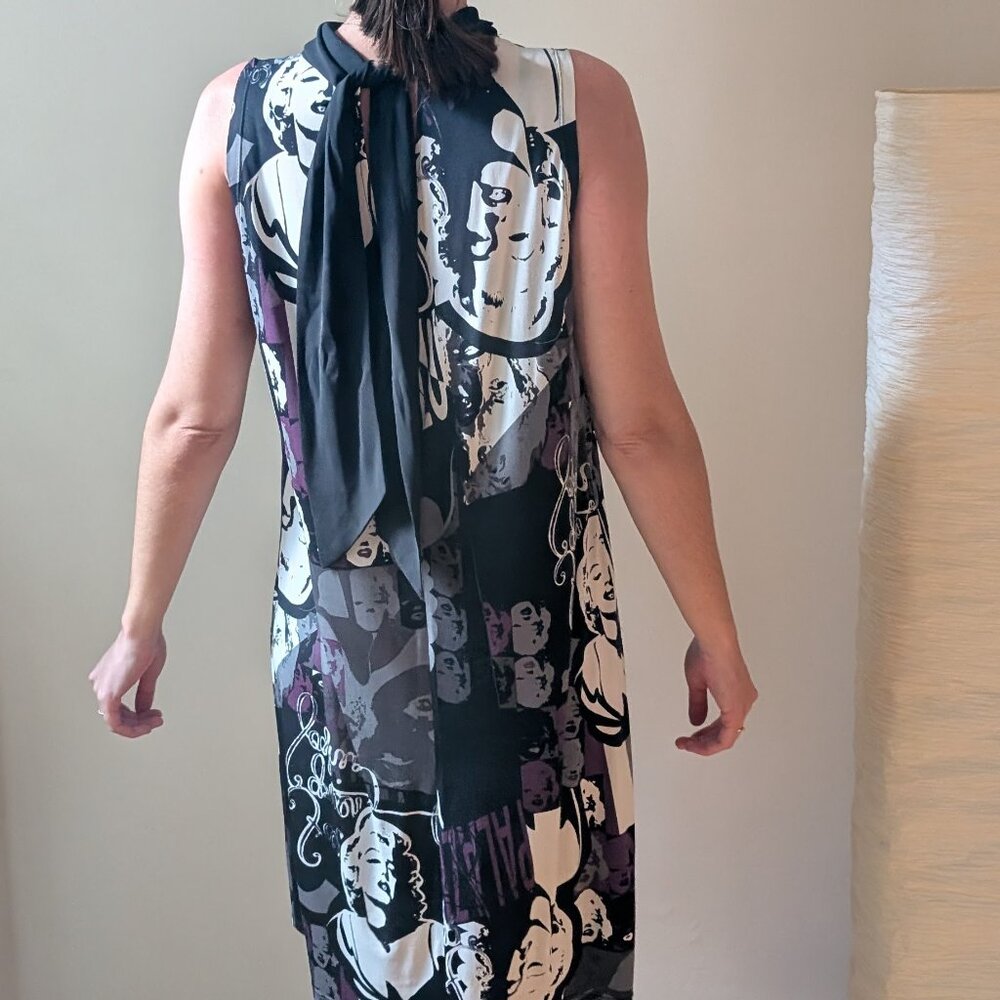 Marilyn Monroe Graphic Print Midi Tie Neck Dress M L Black White Pop Art Stretch - Picture 4 of 11